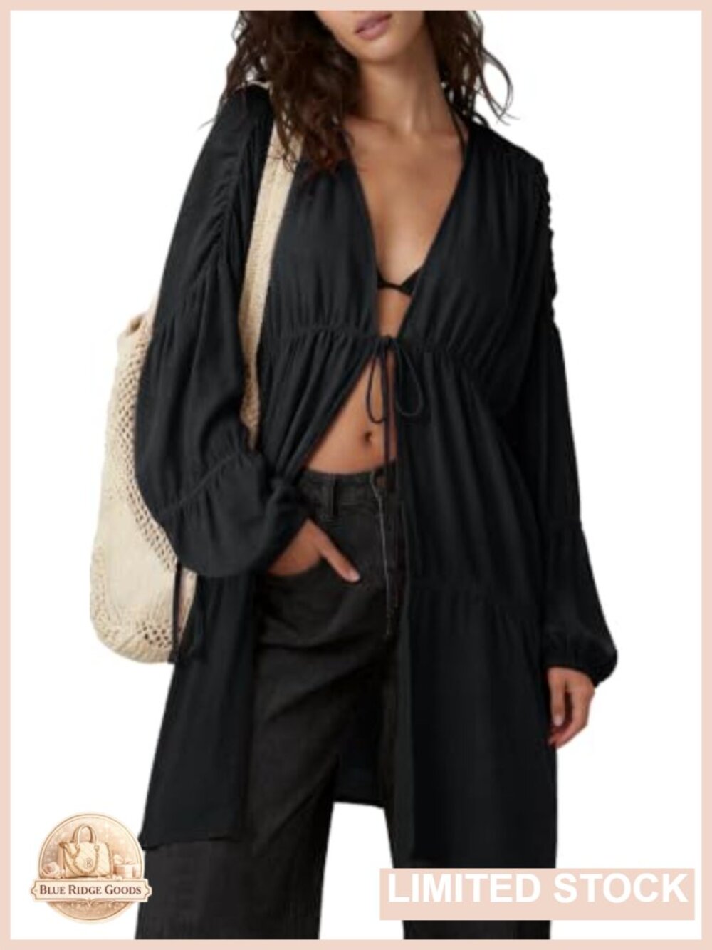 Slouchy Linen Kimono Duster Tie Front Coverup Pockets Oversized Beach